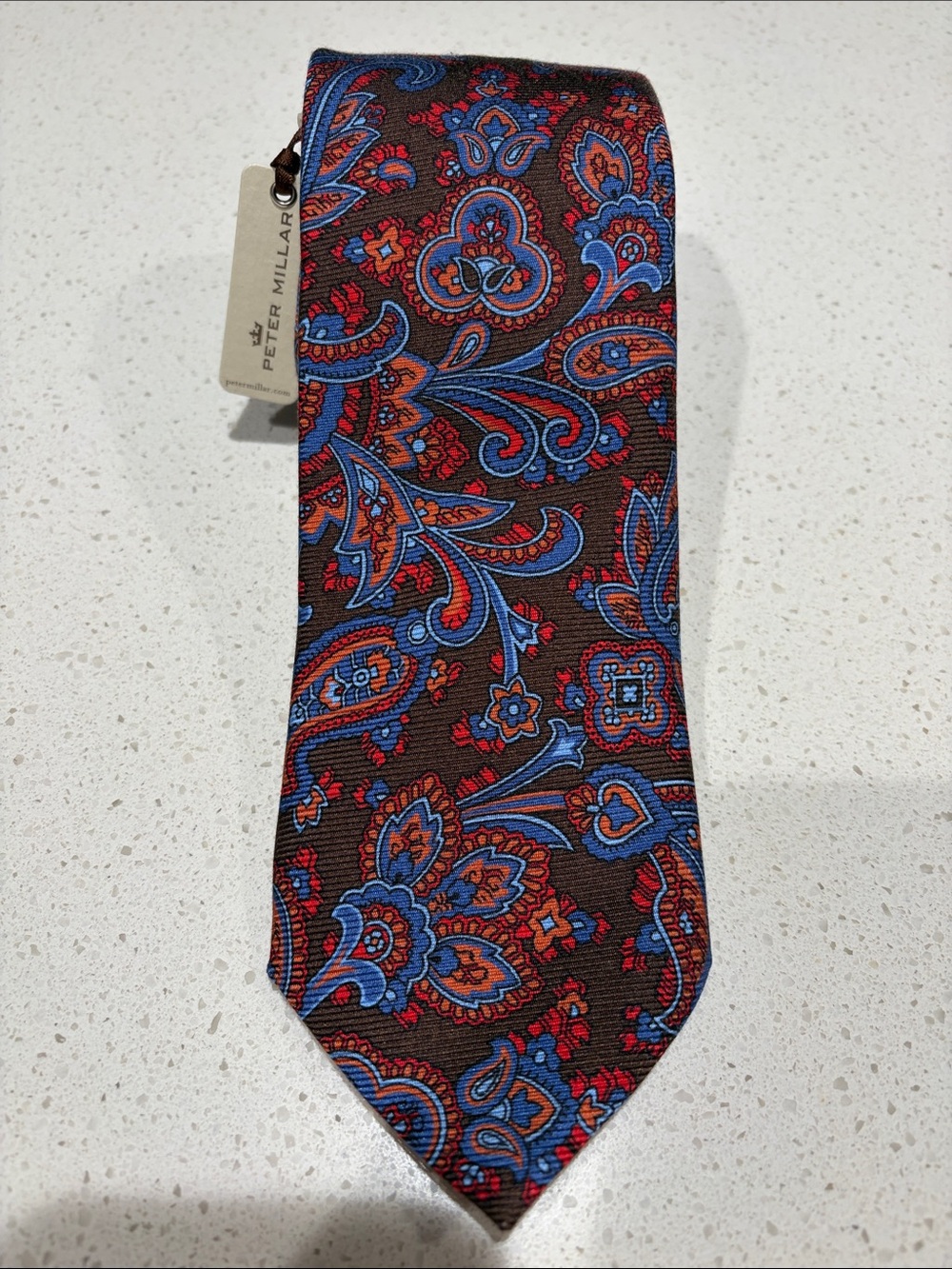 Peter Millar Brown Silk Paisley Tie with Blue and Red Accents